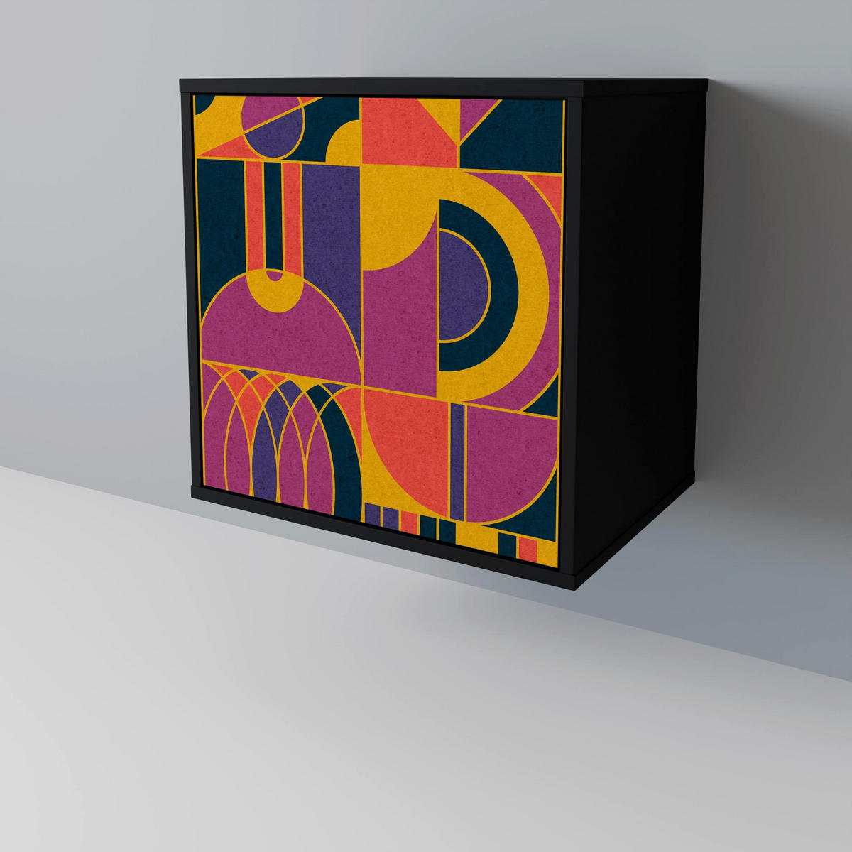 SIDEBOARD ELECTRIC PATTERNS, Schwarz, 57,5x42x70,5 cm, Schwarze Metall-Sternfüße - Multicolor/Schwarz, Holzwerkstoff/Metall (57.5/70.5/42cm) - SpaceRebels