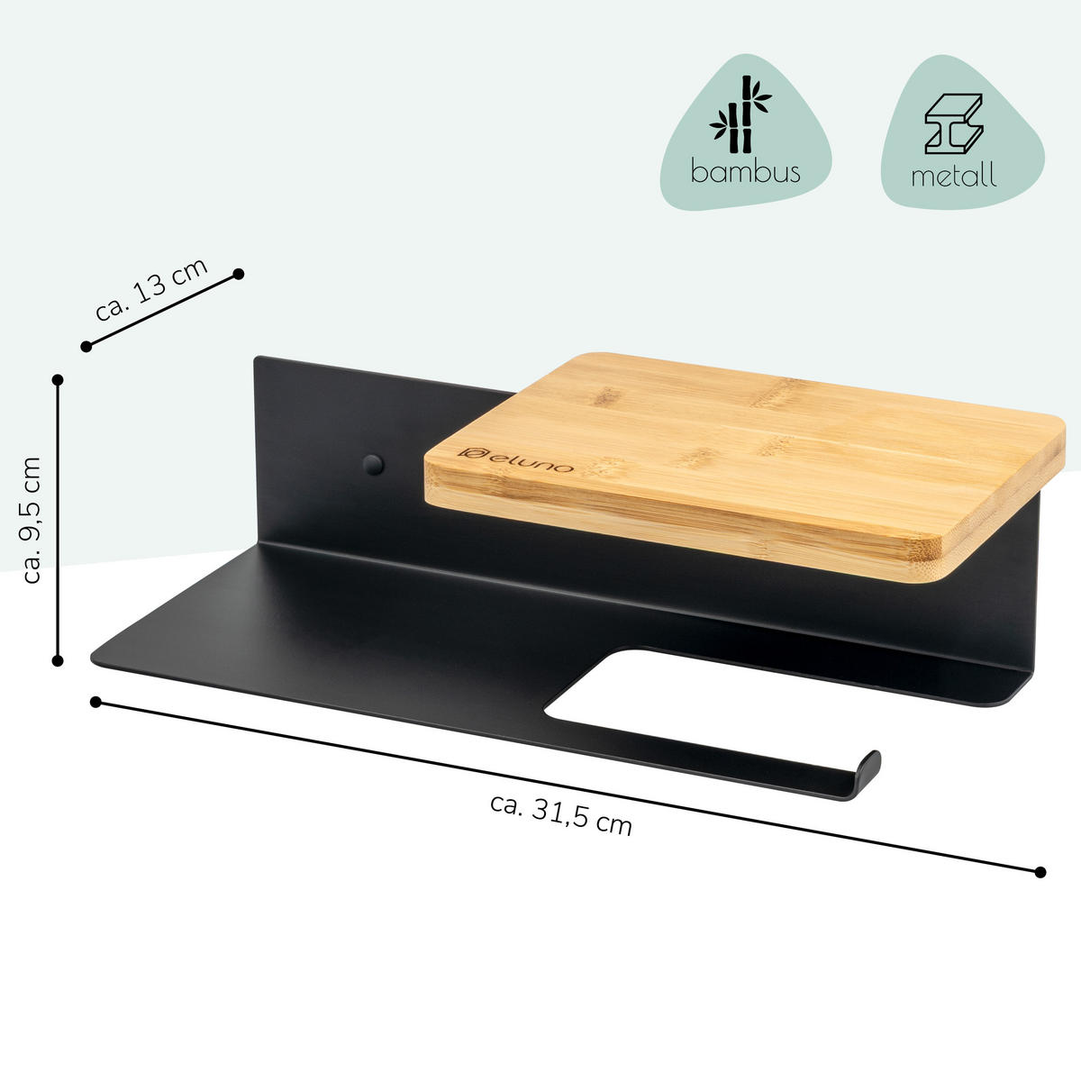 TOILETTENPAPIERHALTER VARAZ mit 2 Ablagen, Metall und Bambus - Schwarz, Metall (31.5/9.5/13cm) - eluno