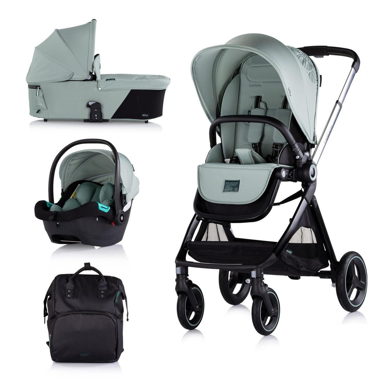 KINDERWAGEN Elite 3 in 1 hellgrün i-Size Babyschale Sportsitz Babywanne Tasche - Salbeigrün, Metall (75/58/111cm) - Chipolino