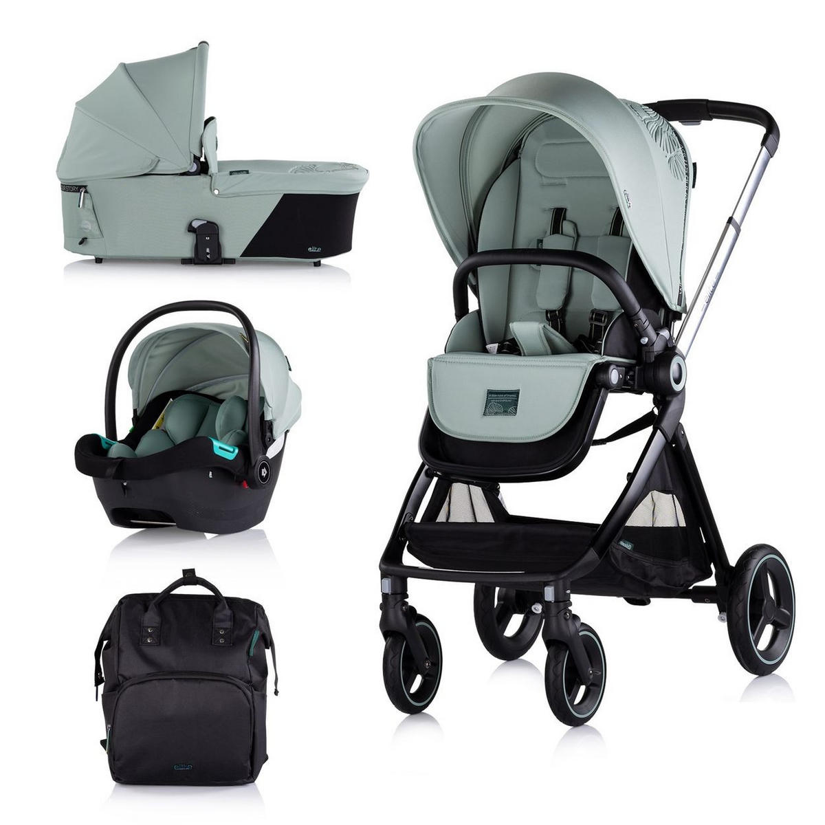 KINDERWAGEN Elite 3 in 1 hellgrün i-Size Babyschale Sportsitz Babywanne Tasche - Hellgrün/Grün, Metall (75/58/111cm) - Chipolino