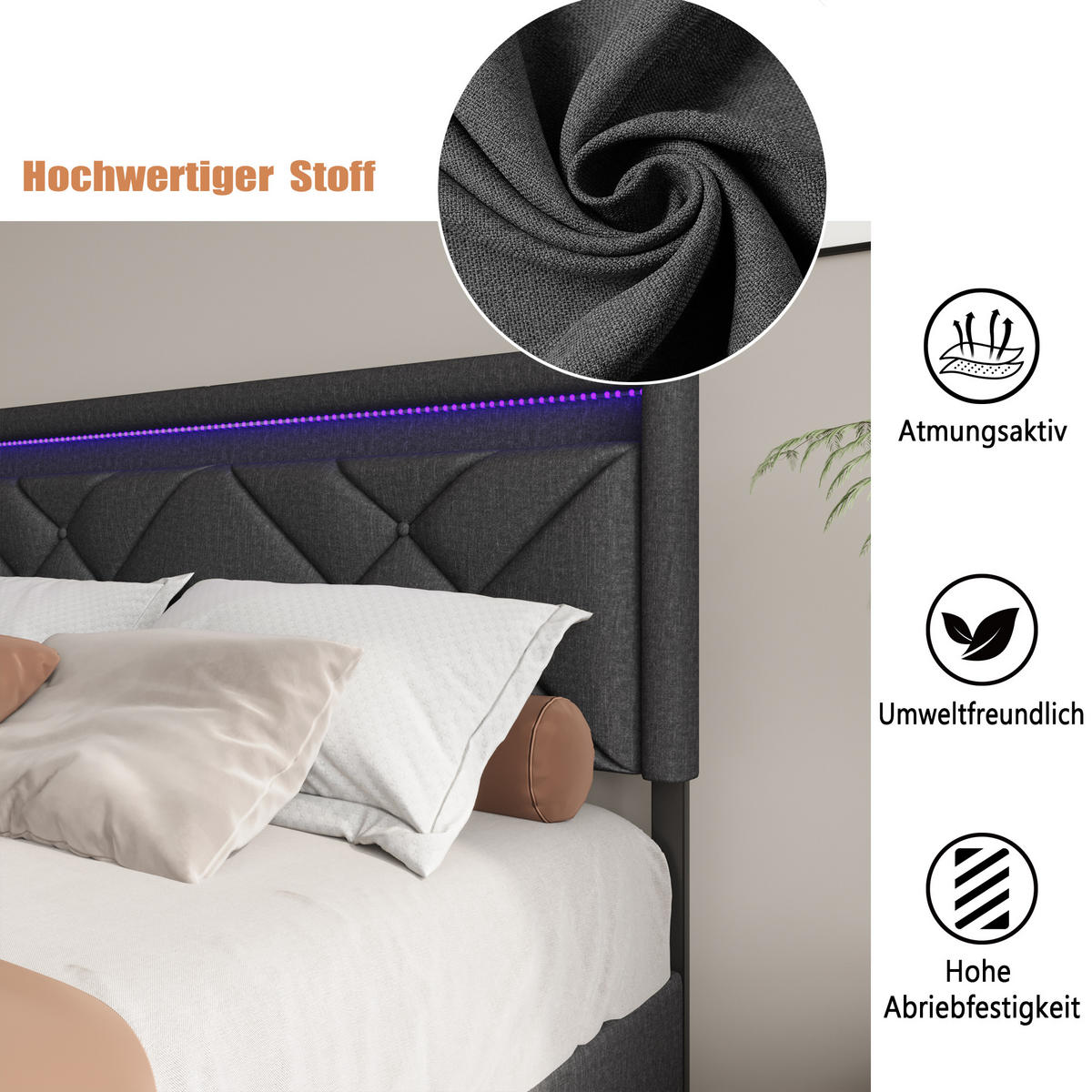 STAURAUMBETT 160x200 cm,Polsterbett mit Bettkasten Schubladen und LED-Beleuchtung - Grau, Holz (160/200cm) - PARAFTA HOME