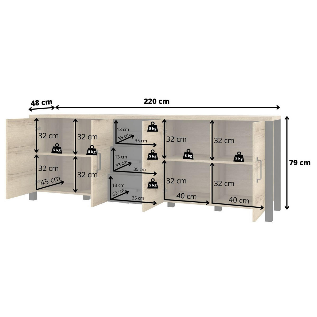 SIDEBOARD OLIVIERO 220/79/48 cm mit 3 Schubladen und 4 Türen Braun - Braun, Holzwerkstoff (220/79/48cm) - MASSENO