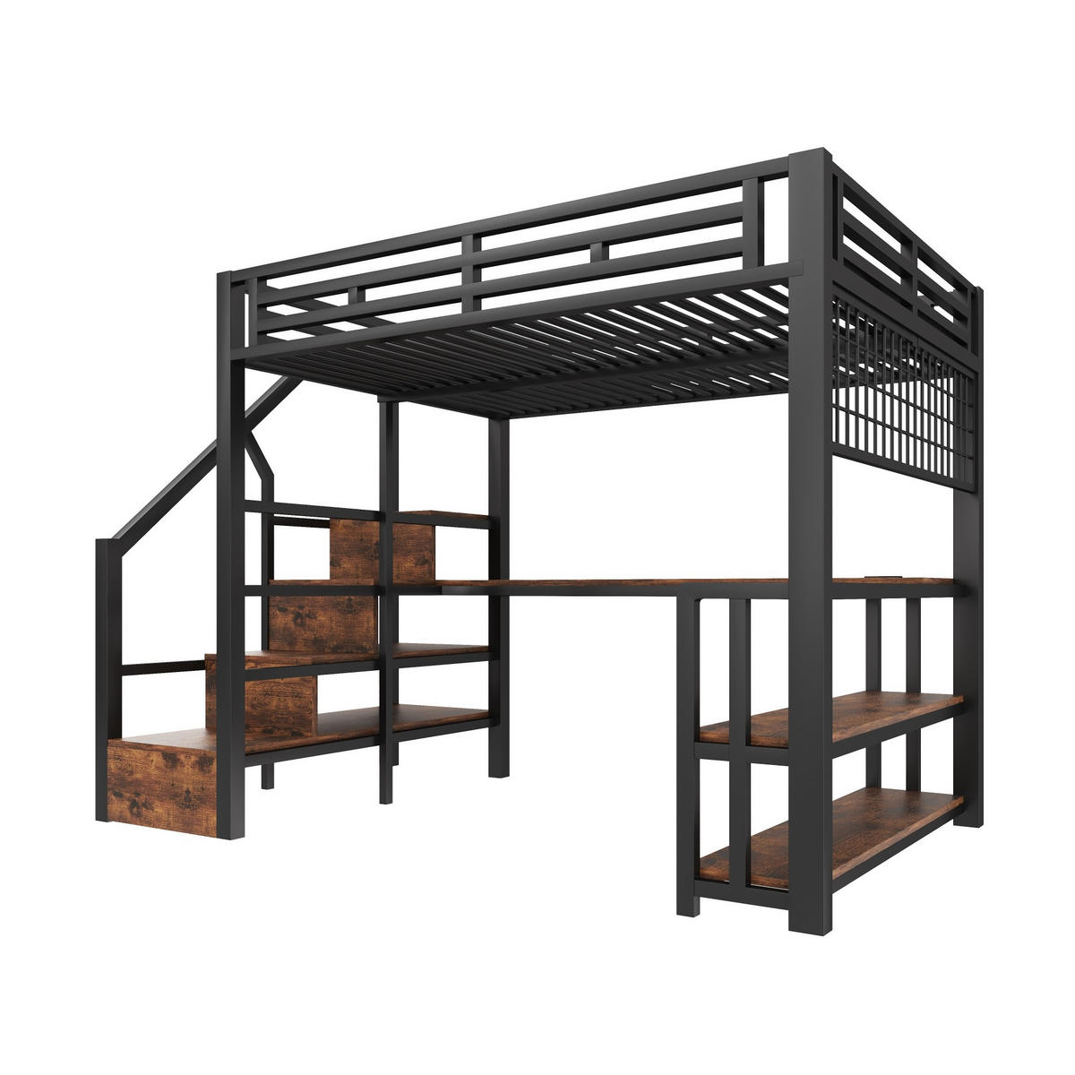 HOCHBETT 140/200 cm in Schwarz – mit Schreibtisch, Stauraumtreppe und LED - Schwarz, Metall (140/200cm) - BEAOK