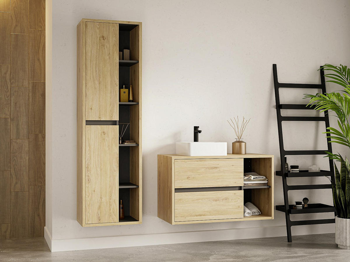 BADSCHRANK - 55 cm x 33 cm - Holz, Platte - Naturfarben Hell - PURNAL - Naturfarben, Holz (55/170/33cm) - Vente-Unique