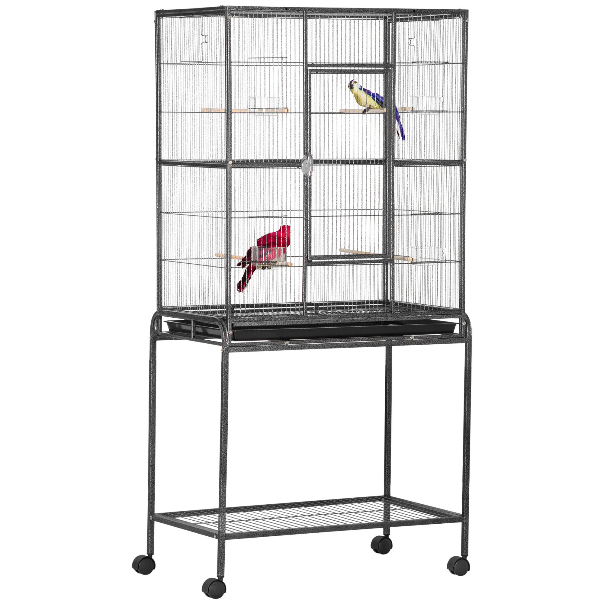 VOGELKÄFIG DE-17802 4 Sitzstangen & 4 Näpfe auf Rollen Schwarz/Grau - Grau, Metall (47/163/77cm) - ComfortXL