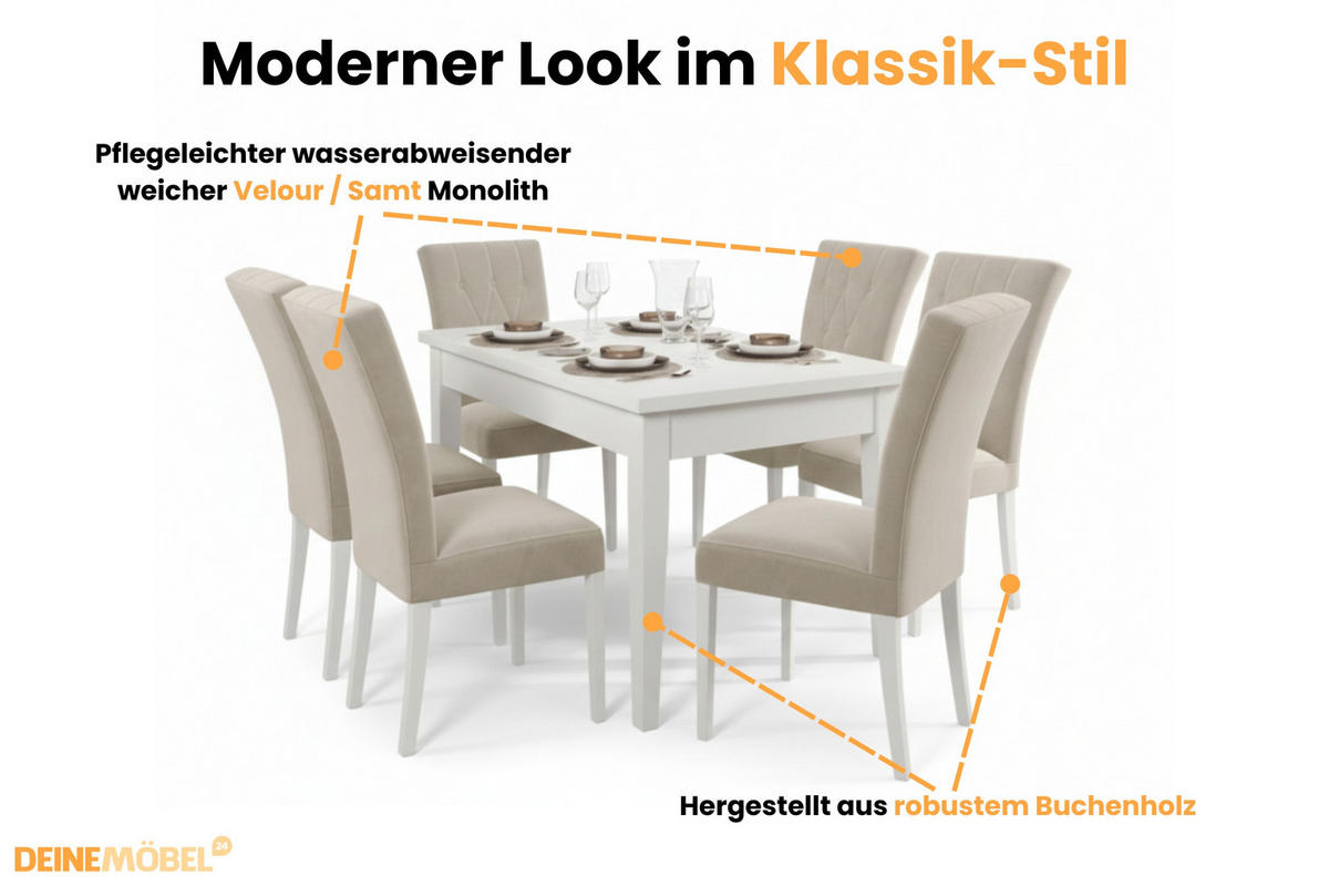 TISCHGRUPPE DAKOTA 170/90 cm in Weiß mit 6 Stühlen in Beige - Beige/Weiß, Holz/Holzwerkstoff (90/77/170cm) - Deine Möbel 24