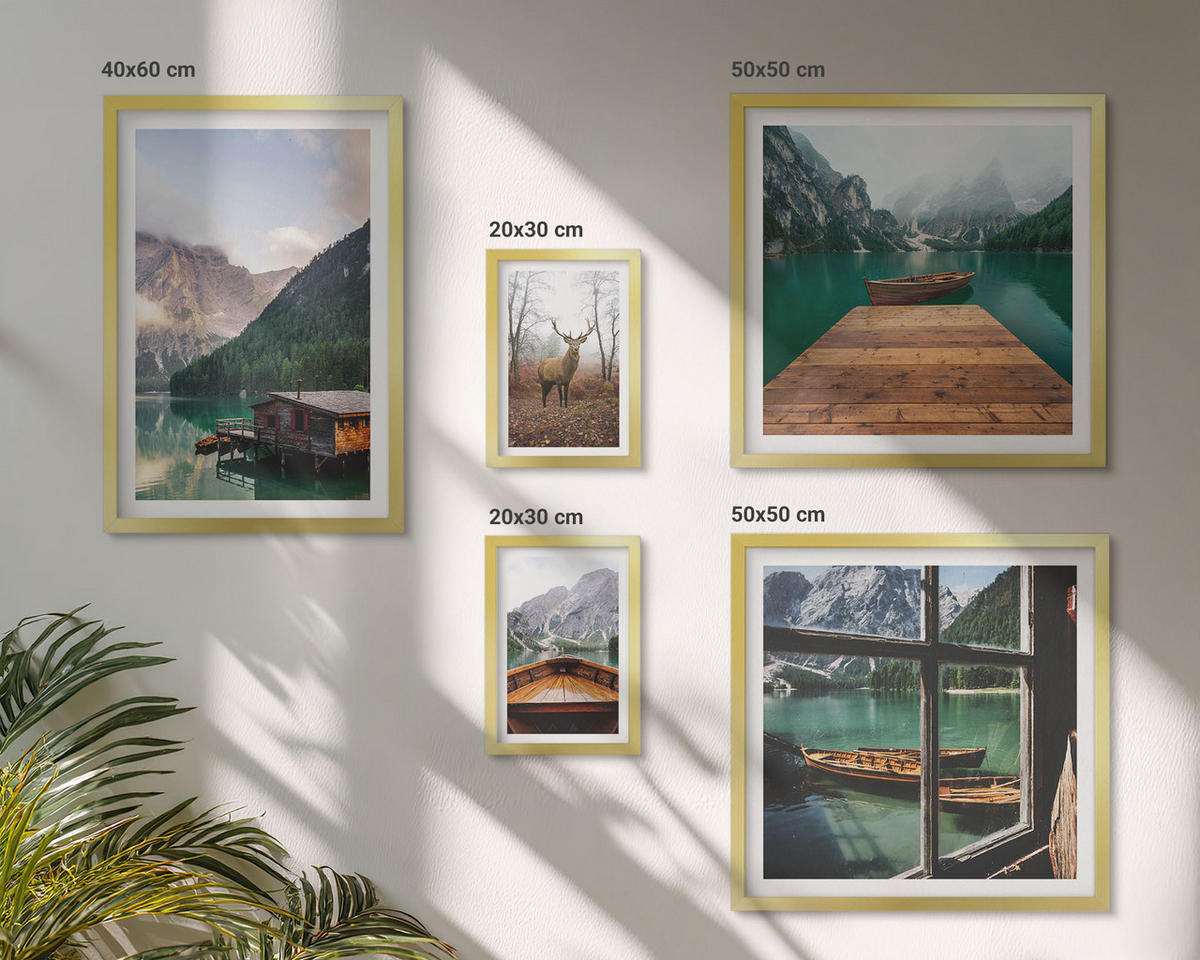 BILDER SET 5er Set - 50x50 cm & 20x30 cm & 40x60 cm Goldrahmen - Berglandschaften, Ferienhäuser, Boote - Goldfarben, Kunststoff (40/60cm) - TULUP