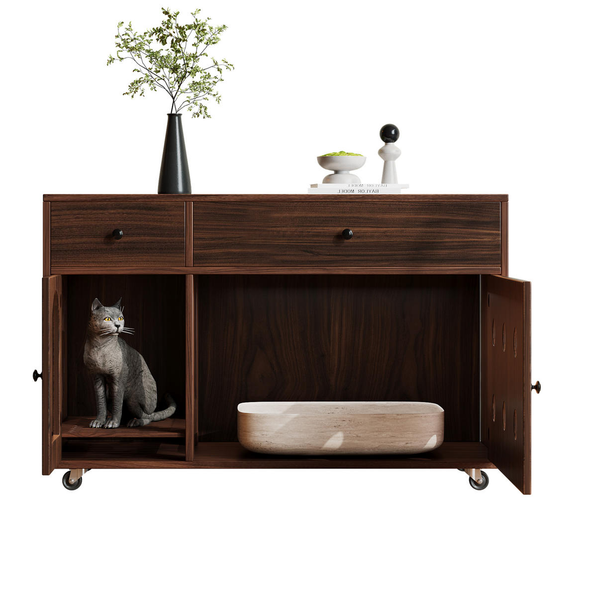SIDEBOARD Nussbaumfarbe aus MDF 100×45×66cm als Katzenkloschrank mit Sandauffangplatte und Schubladen - Nussbaumfarben, Holzwerkstoff (45/66/10cm) - Luhomfu
