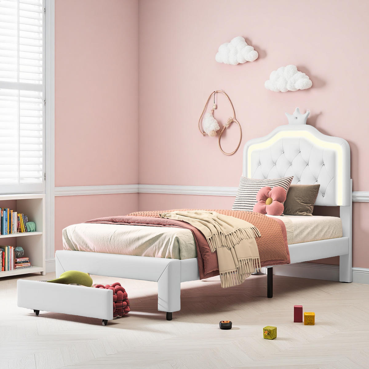 POLSTERBETT 90x200 cm LED Schubladen Lattenrost Rückenlehne weiß - Weiß, Holz (90/200cm) - LEBENLANG