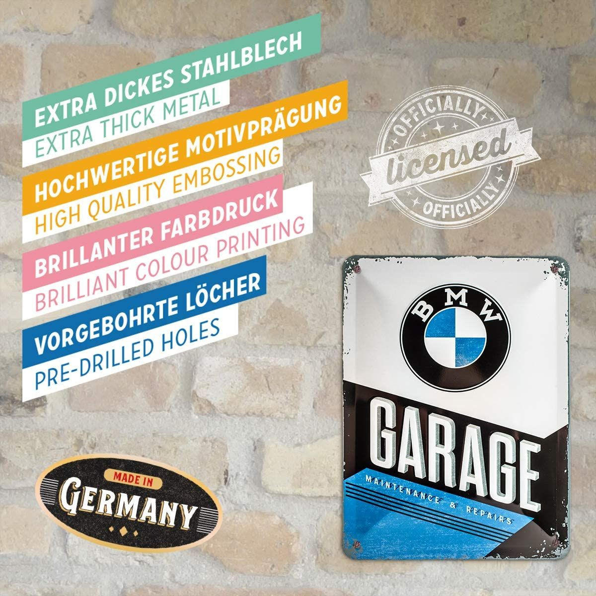 BLECHSCHILD 15/20 cm BMW Garage - Multicolor, Metall (15/20/0.5cm) - Nostalgic-Art
