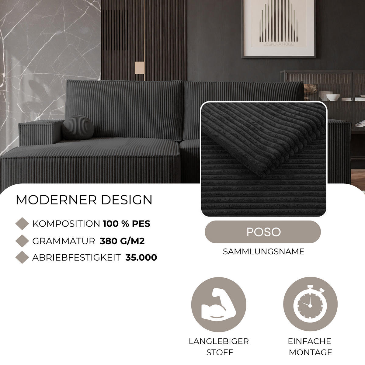 ECKSOFA HUGO Rechts, mit Schlaffunktion und Bettkasten, Anthrazit - Anthrazit, Textil (255/148cm) - Idohome