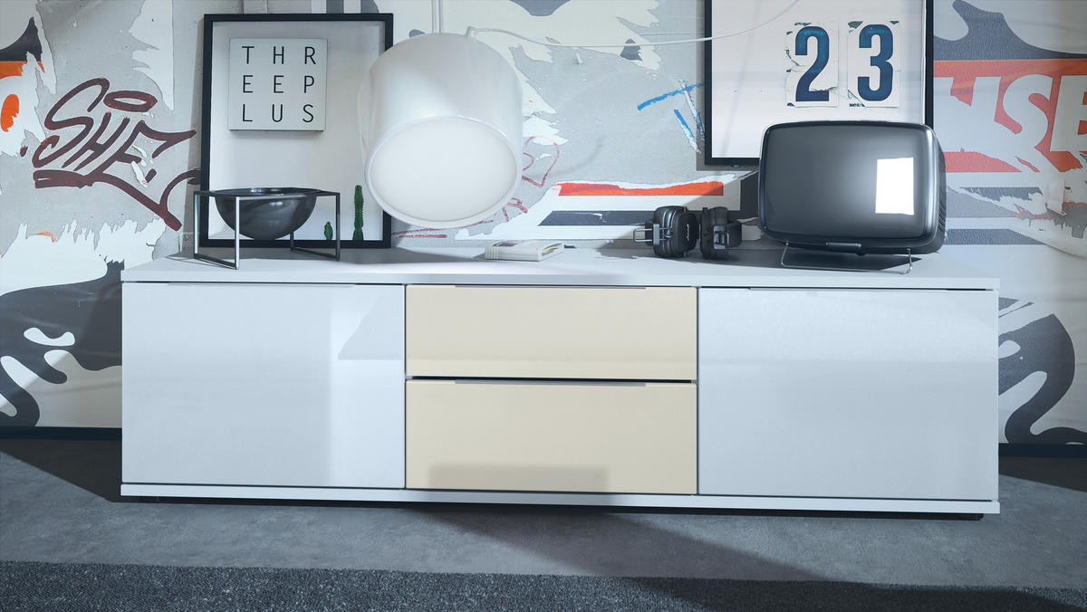LOWBOARD Linio Creme Hochglanz - Weiß Hochglanz/Creme, Holzwerkstoff (138.5/37.5/35cm) - Vladon