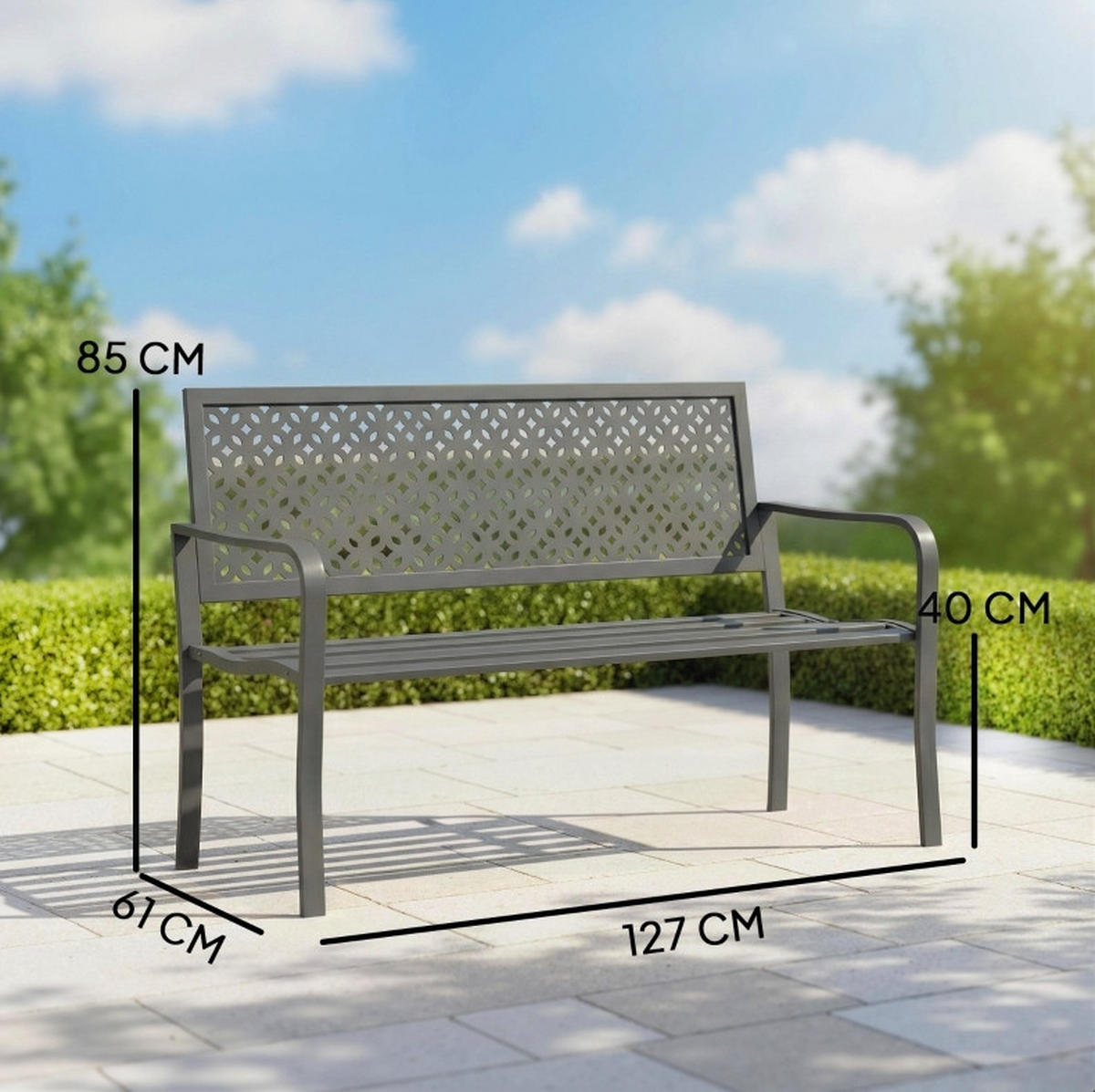 ZÁHRADNÁ lavica 127/61/85 cm tmavosivá pre 2 osoby z ocele s podrúčkami - tmavosivá, kov (61/85/127cm) - OKWISH