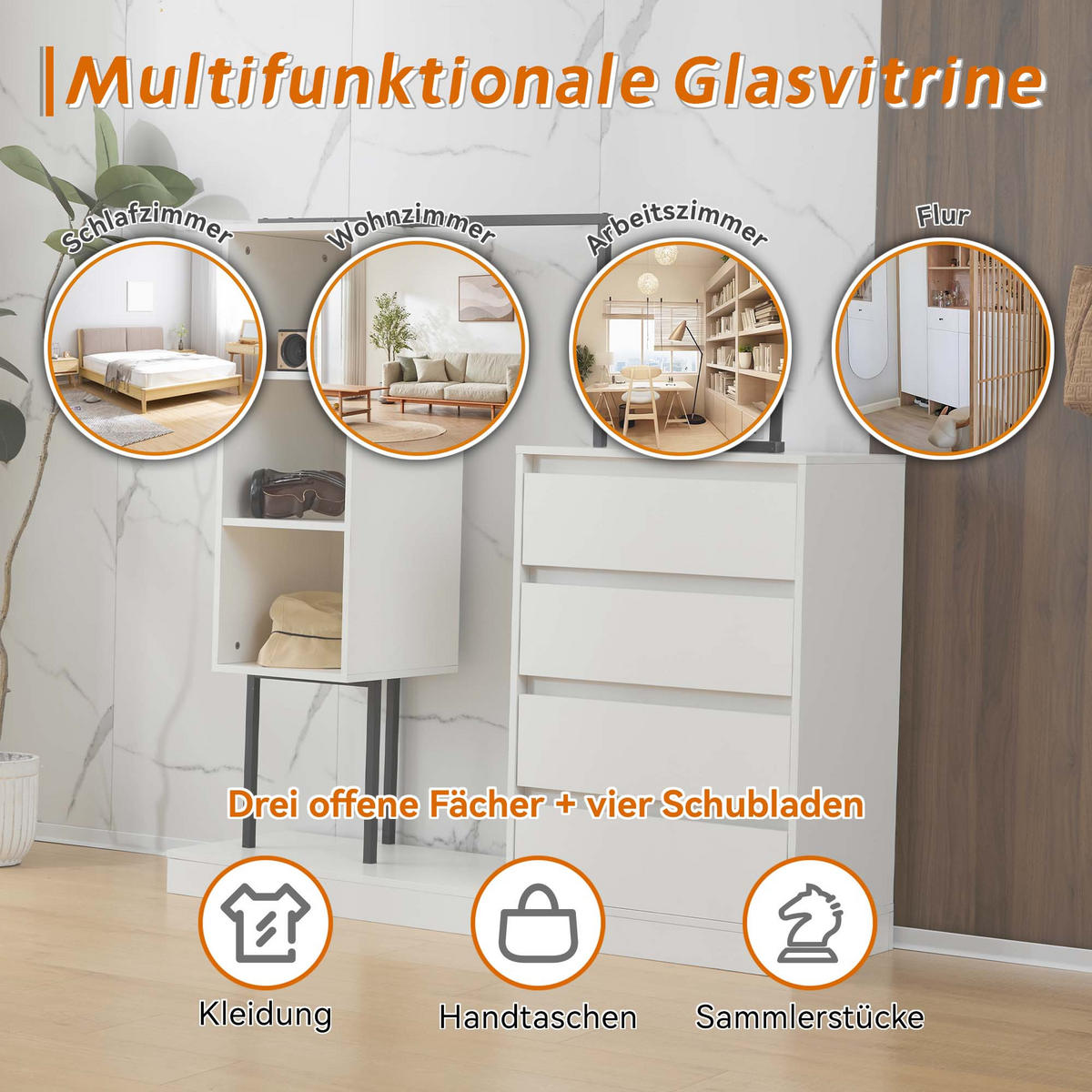 GARDEROBEN-SET in Weiß mit Kleiderstange und Schubladen für Schlafzimmer und Flur, B140/T40/H135 cm - Weiß, Holzwerkstoff/Metall (140/135/40cm) - STILVORA