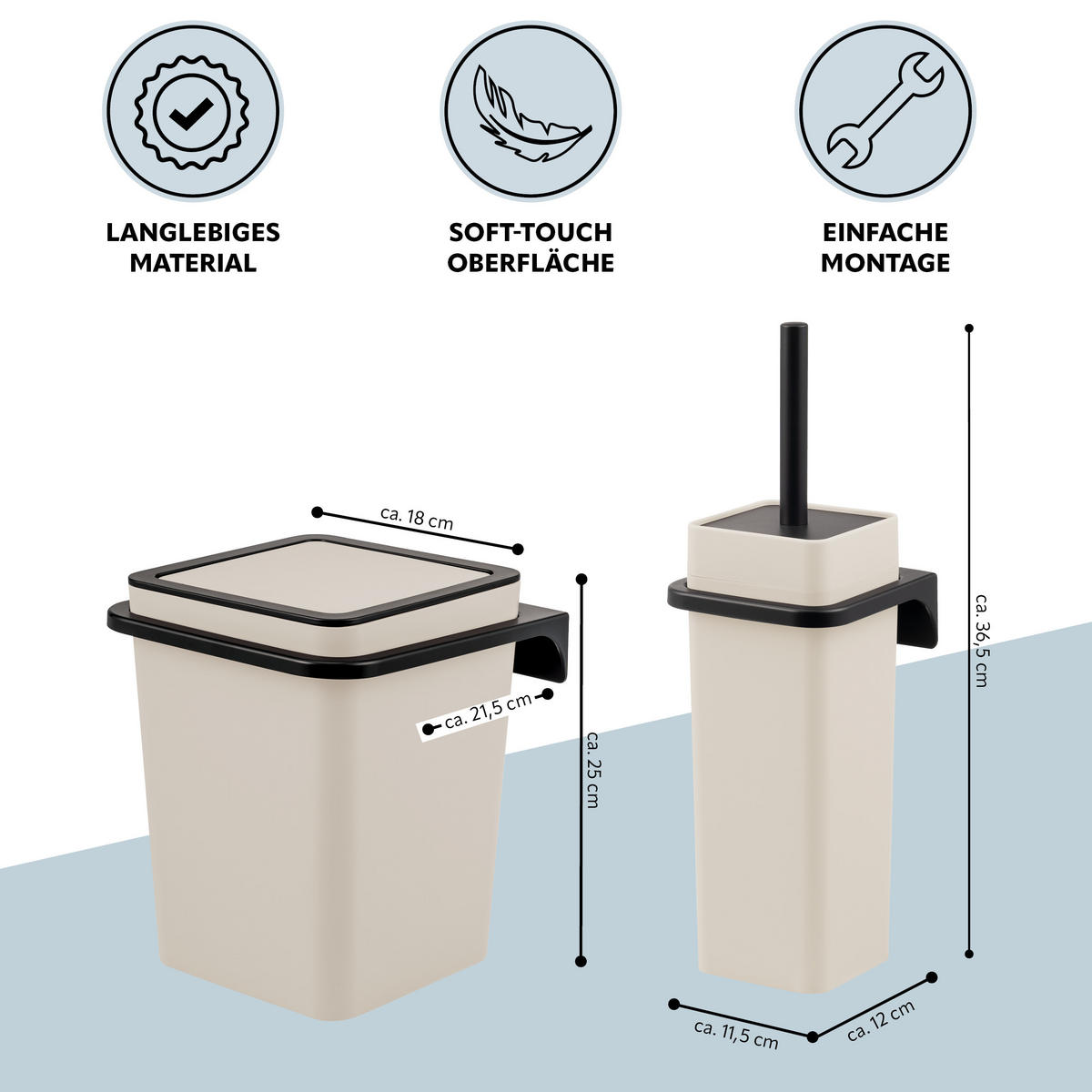 BAD-ACCESSOIRE-SET 2-TLG. Bürste u. Eimer SAVONA Softtouch inkl. Wandhalterung, eckig - beige - Beige, Kunststoff (18/25/21cm) - bremermann