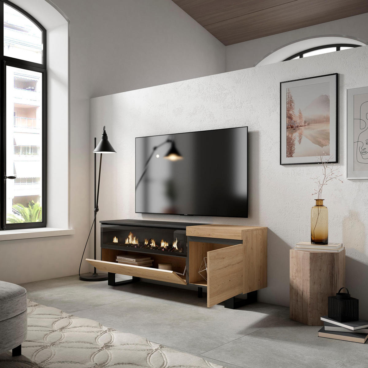 TV-SCHRANK eiche, schwarz, mit Elektrokamin, 150/35/57cm - Beige, Holzwerkstoff (150/57/35cm) - Skraut Home