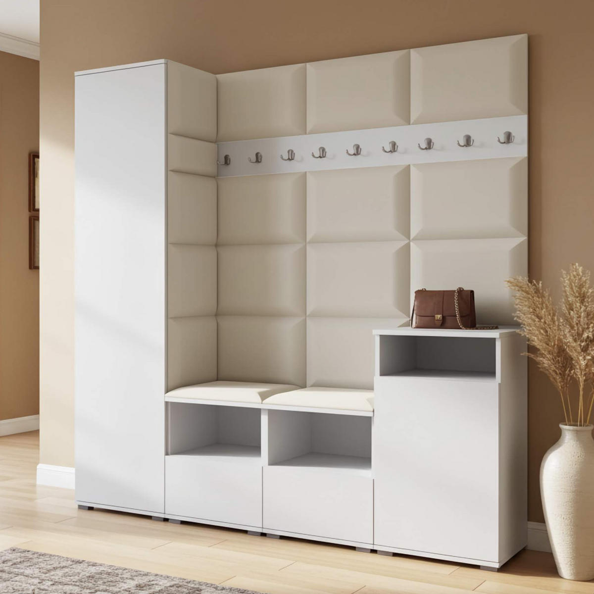 GARDEROBE NELA X 200 cm (Modulare Flurmöbel Weiß mit Sitzpolster Creme 01 Schrank + Sidelboard) - Silberfarben/Creme, Holz/Holzwerkstoff (200/187/40cm) - Ravio