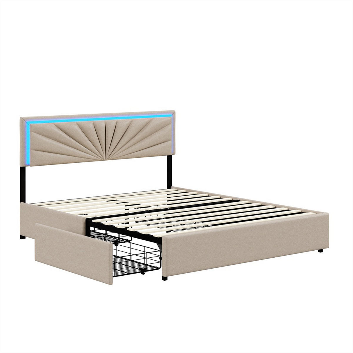POLSTERBETT 160x200 cm - mit LED-Kopfteilbeleuchtung und 4 ausziehbaren schubladen - ohne Matratze - Beige - Beige, Textil (160/200cm) - DELFA