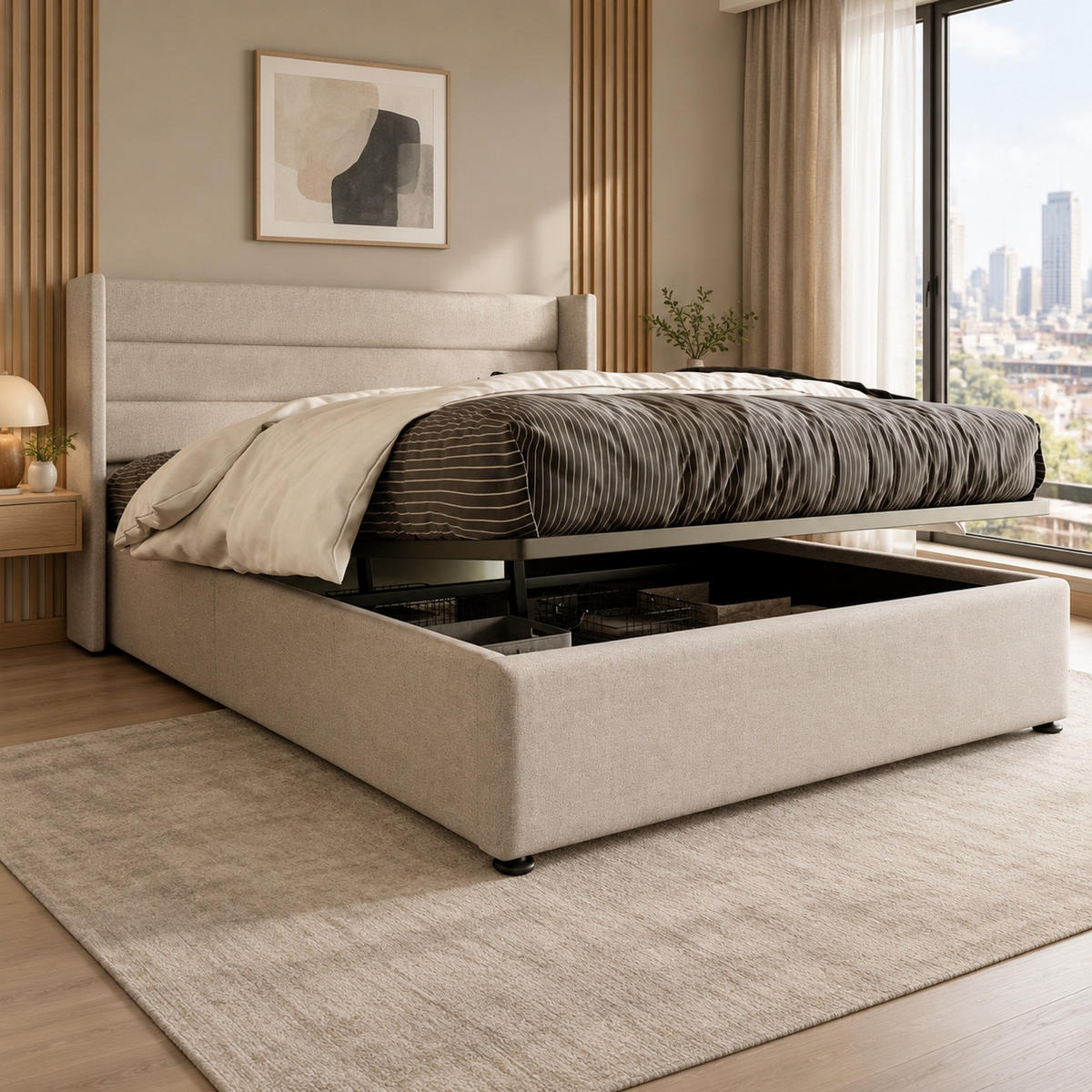 POLSTERBETT 160/200 mit hydraulischem Stauraum und Lattenrost in Beige - Beige, Holzwerkstoff/Textil (160/200cm) - EVRYAE