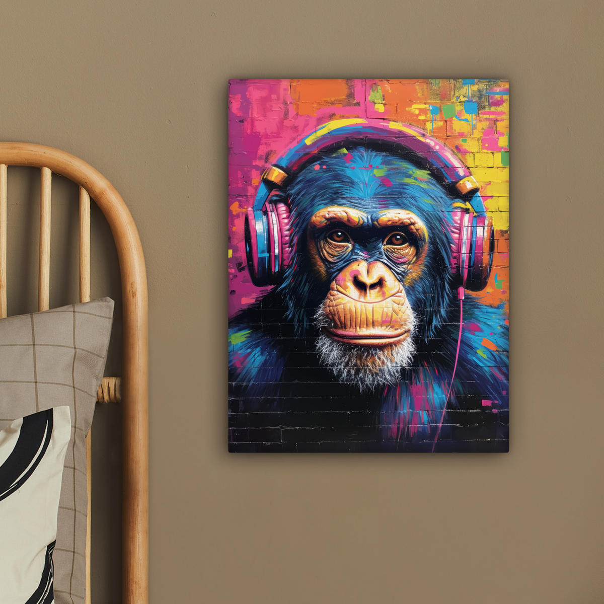 LEINWANDBILD Graffiti - Schimpanse - Straßenkunst - Kopfhörer - Affe 30x40 cm - Blau, Textil (30/40cm) - MuchoWow