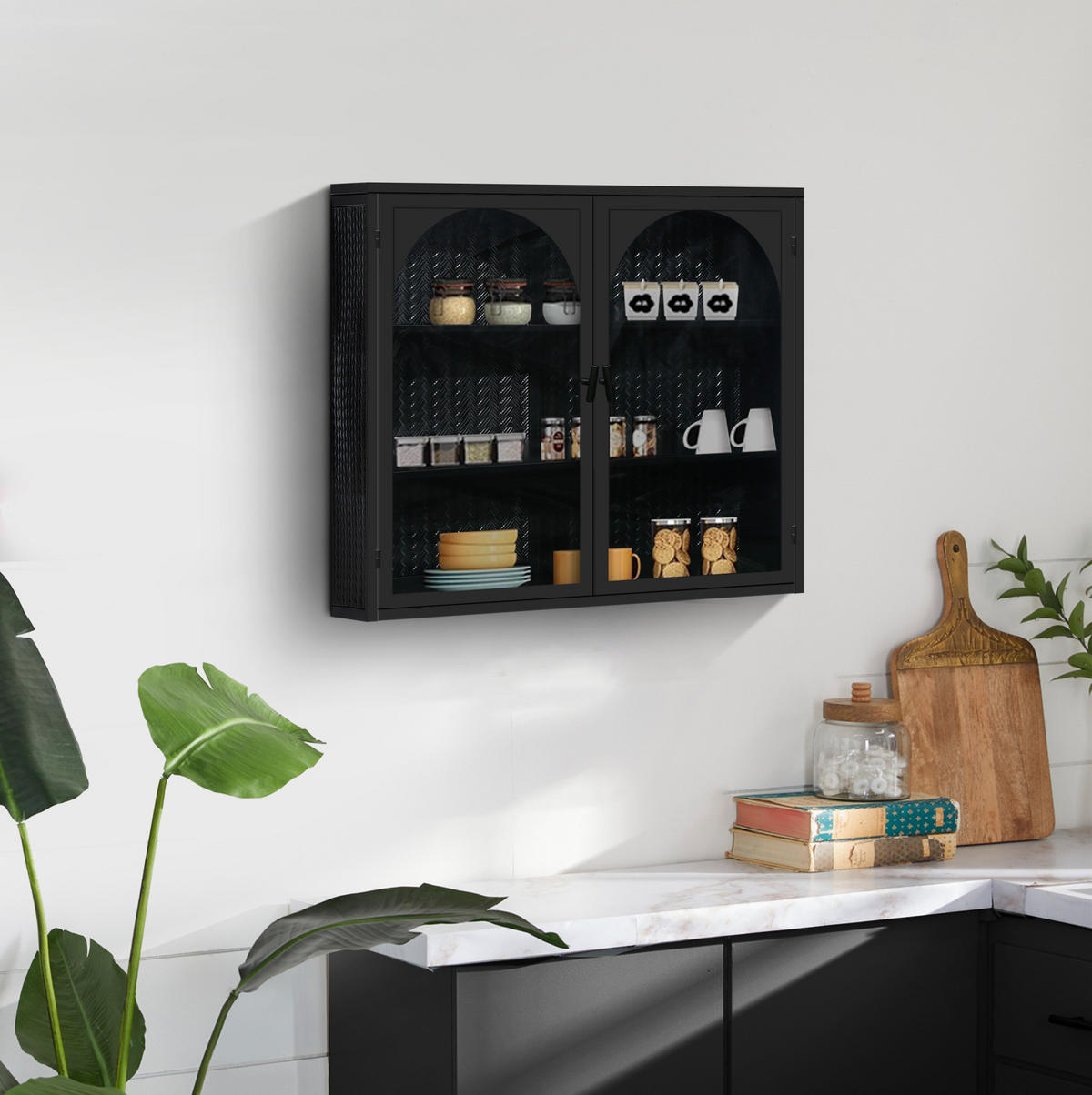 KÜCHENOBERSCHRANK 70x23x60 cm Schwarz aus Metall & Glas mit gewebtem Design & 3 Ablagen - Schwarz, Glas (70/60/23cm) - Modfu