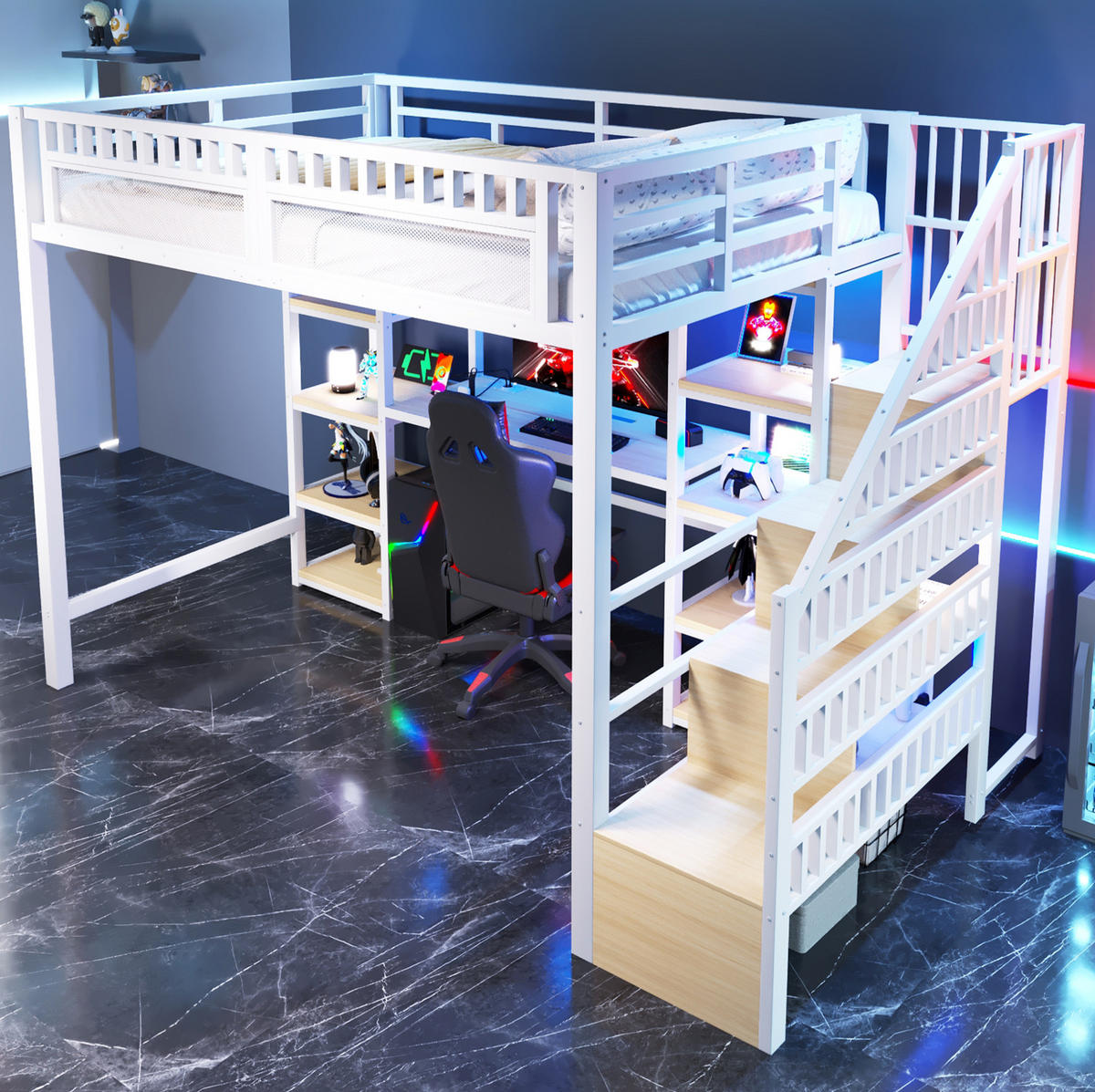 HOCHBETT 140/200 cm Weiß mit Schreibtisch und LED-Beleuchtung aus Metall - Weiß, Metall (140/200cm) - OKWISH