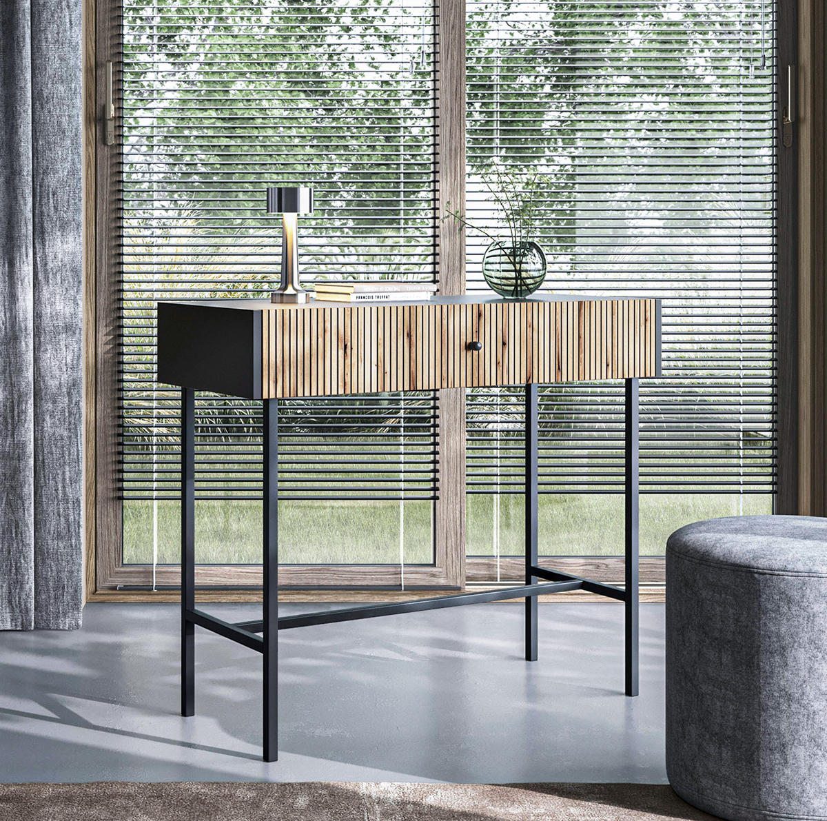 KONSOLENTISCH Dinley 1S Schwarz, Braun 93,2/79/39 cm – mit langen Beinen und Lamellenfront - Schwarz/Braun, Holzwerkstoff/Metall (39/93.2/79cm) - AX Living