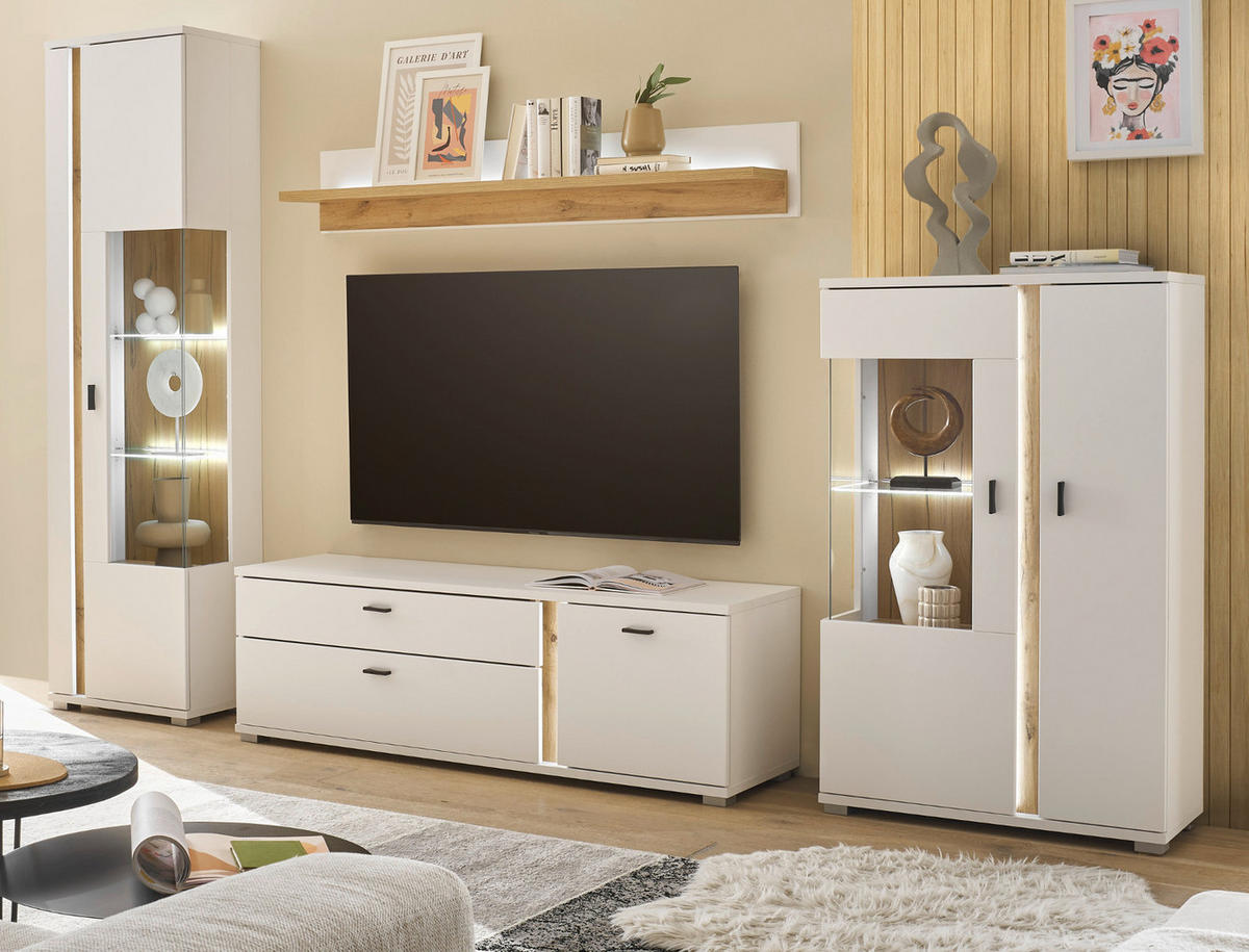 WOHNWAND 4-teilig weiß matt, Eiche 305 cm, Wohnkombination inklusive Frontbeleuchtung - Silberfarben/Eiche Wotan, Glas/Holzwerkstoff (305/200/42cm) - Furn.Design
