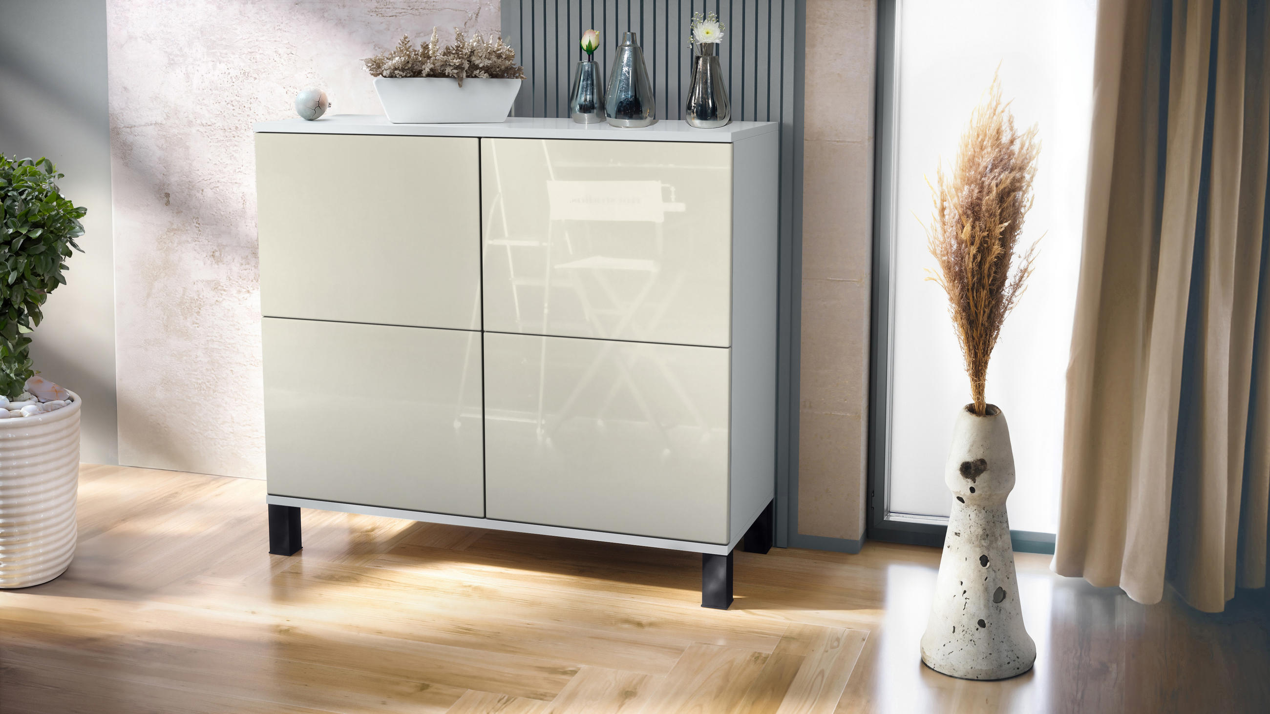 KOMMODE Rova Creme Hochglanz - Creme, Holzwerkstoff (92.5/84.5/35cm) - Vladon