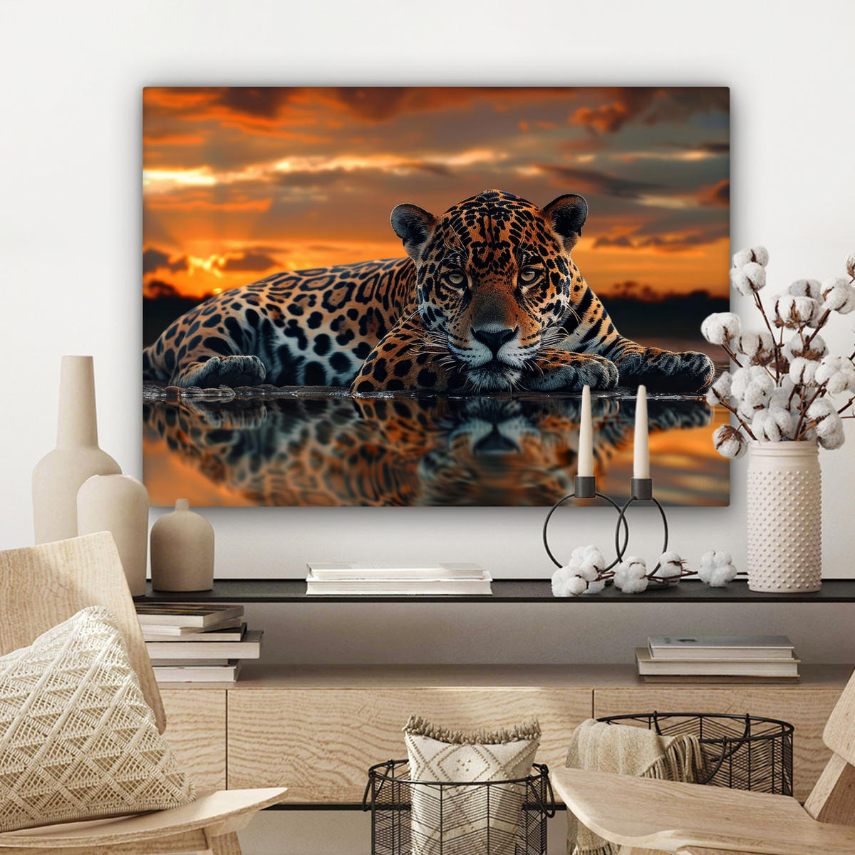 LEINWANDBILD Natur - Leopard - Tier - Sonnenuntergang - Modern Wandbilder 80x60 cm - Orange, Textil (80/60cm) - MuchoWow