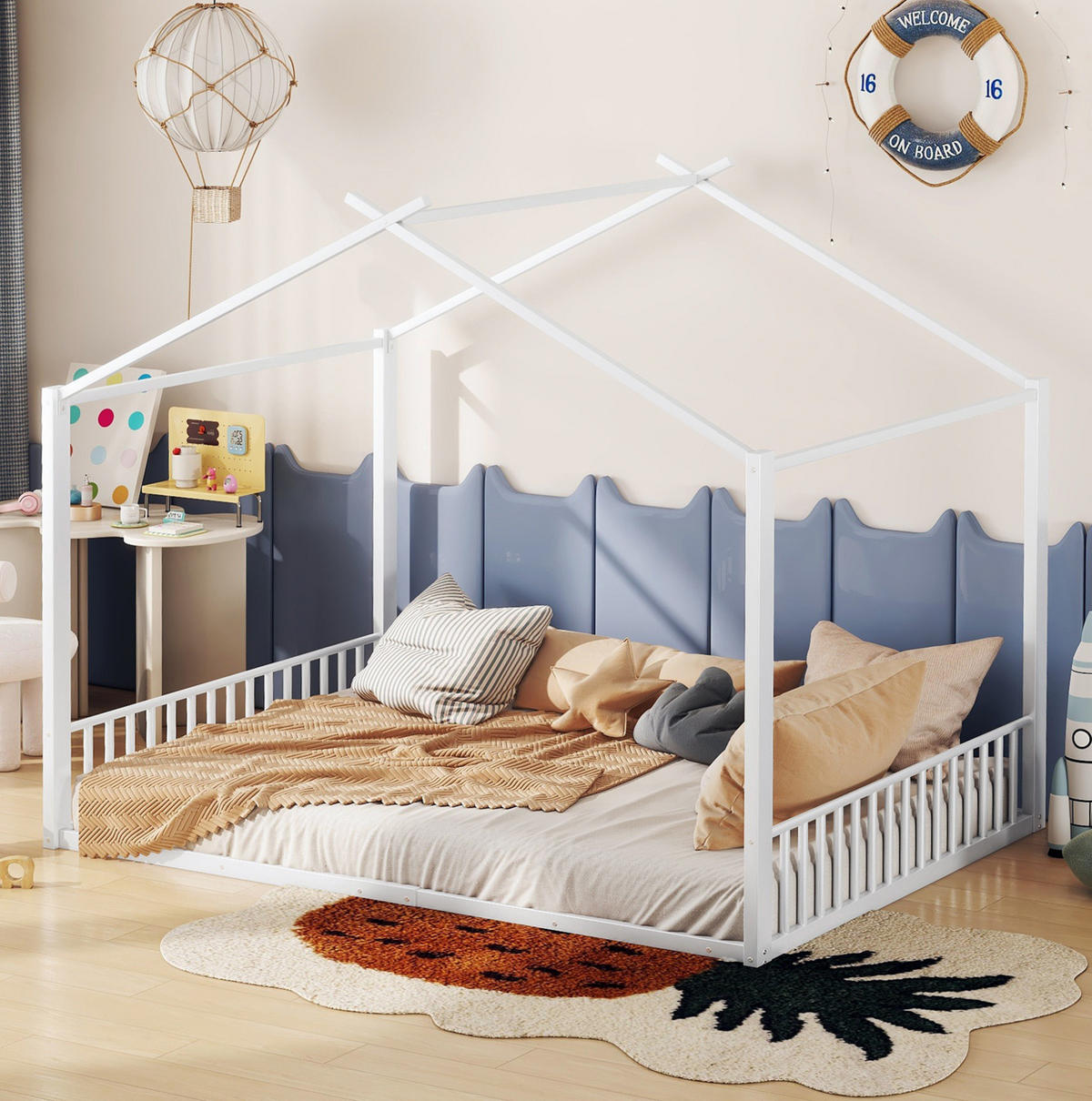 HAUSBETT 140/200 cm aus Metall in Weiß, Hausform, ohne Matratze - Weiß, Metall (140/200cm) - OKMYHOME