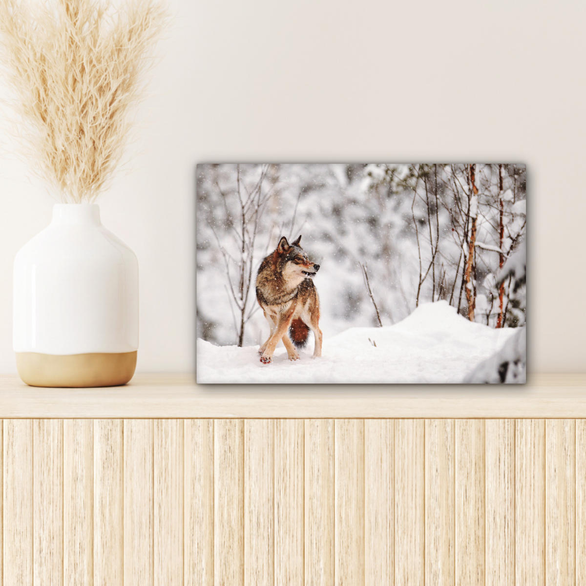 LEINWANDBILD Wolf - Winter - Schnee - Natur - Tiere 30x20 cm - Haselnussfarben, Textil (30/20cm) - MuchoWow