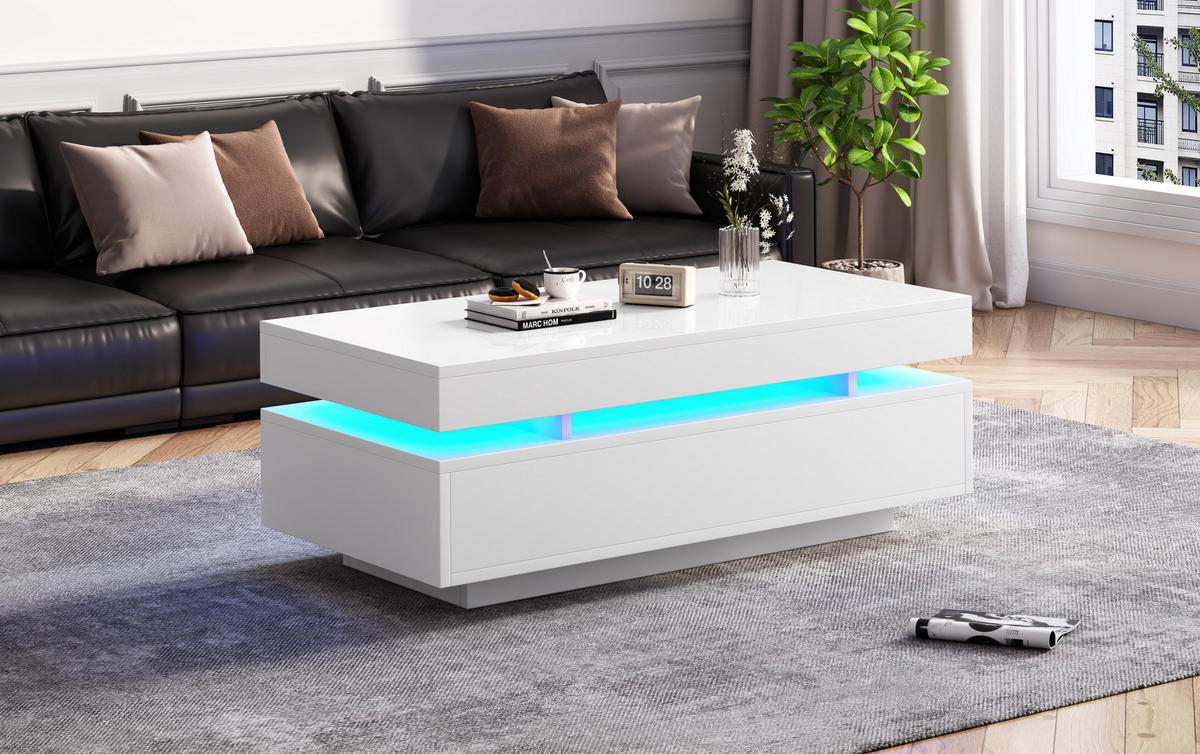 COUCHTISCH aus Spanplatte 100x50x35 cm in Weiß mit 2 Schubladen & LED - Weiß, Holzwerkstoff (100/50/35cm) - Modfu