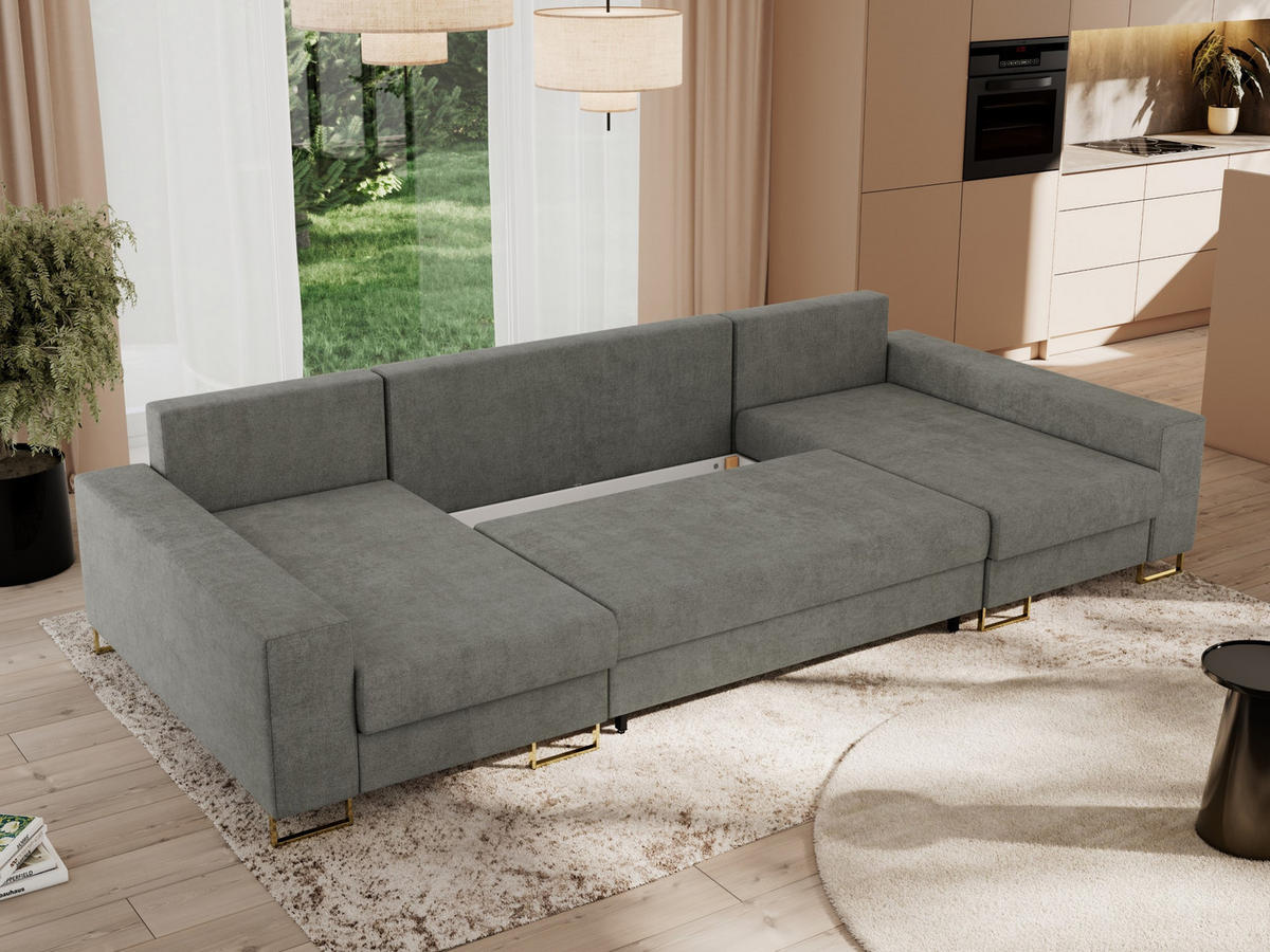 WOHNLANDSCHAFT DORIAN U Struktur Grau - Goldfarben/Grau, Textil/Metall (312/95/138cm) - MKS