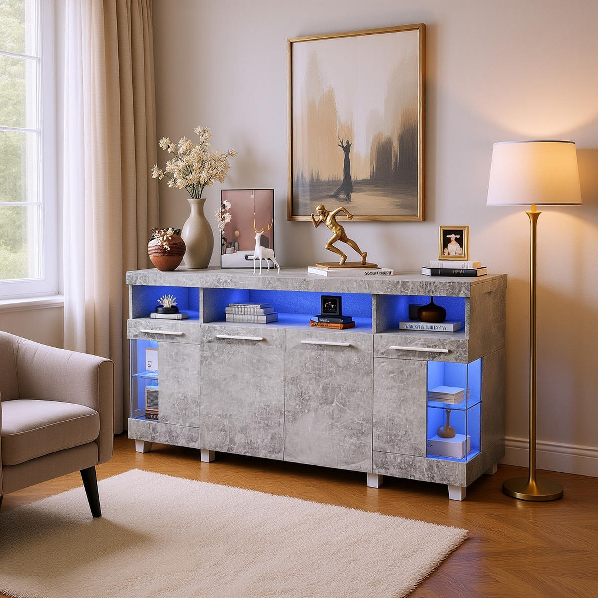SIDEBOARD mit 16-Farben-LED-Beleuchtung und verstellbaren Regalen - Grau, Holzwerkstoff (140/70/40cm) - Urban Meuble