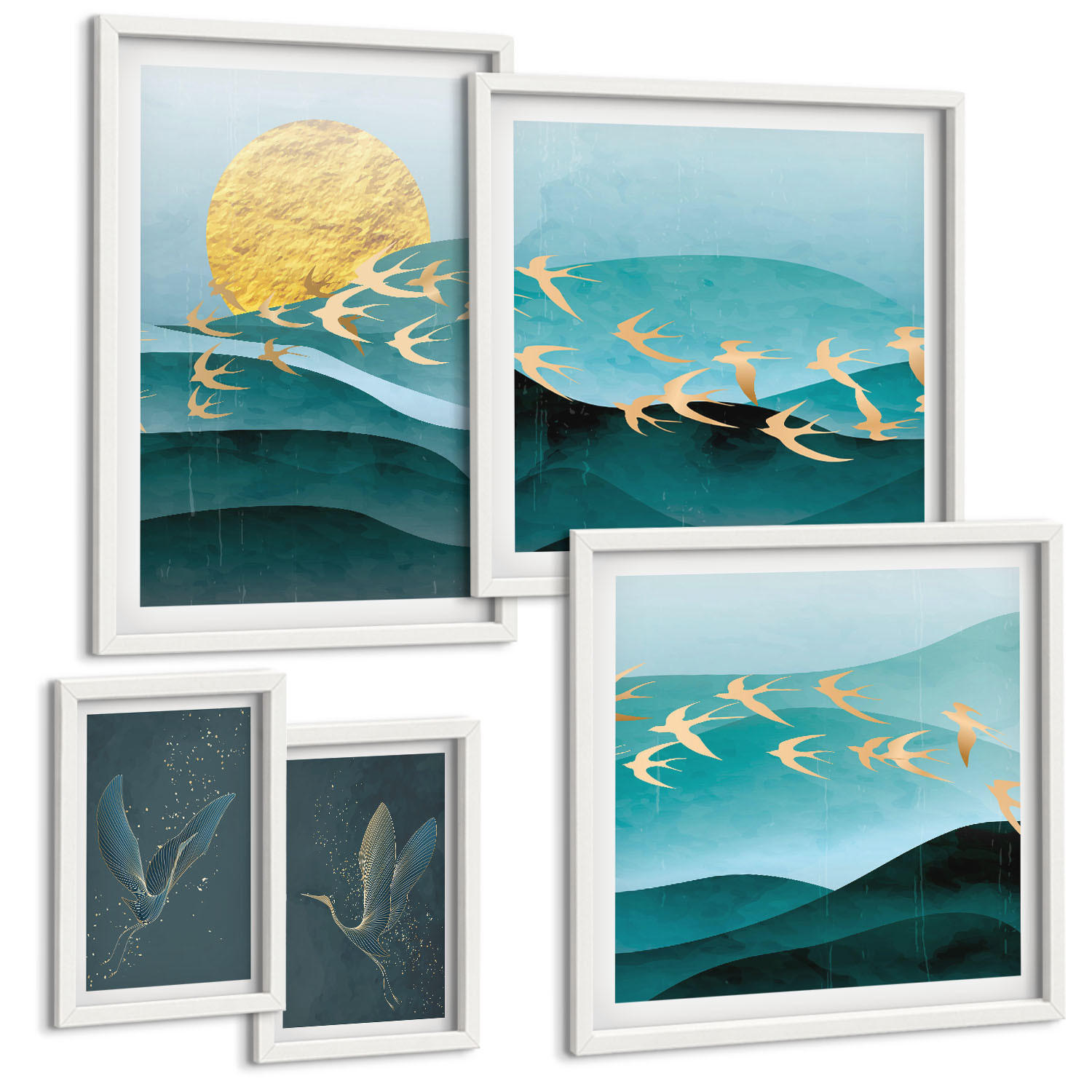 BILDER SET 5er Set - 50x50 cm & 20x30 cm & 40x60 cm Weißer Rahmen - Stilvolle Landschaften mit Vögeln - Weiß, Kunststoff (40/60cm) - TULUP