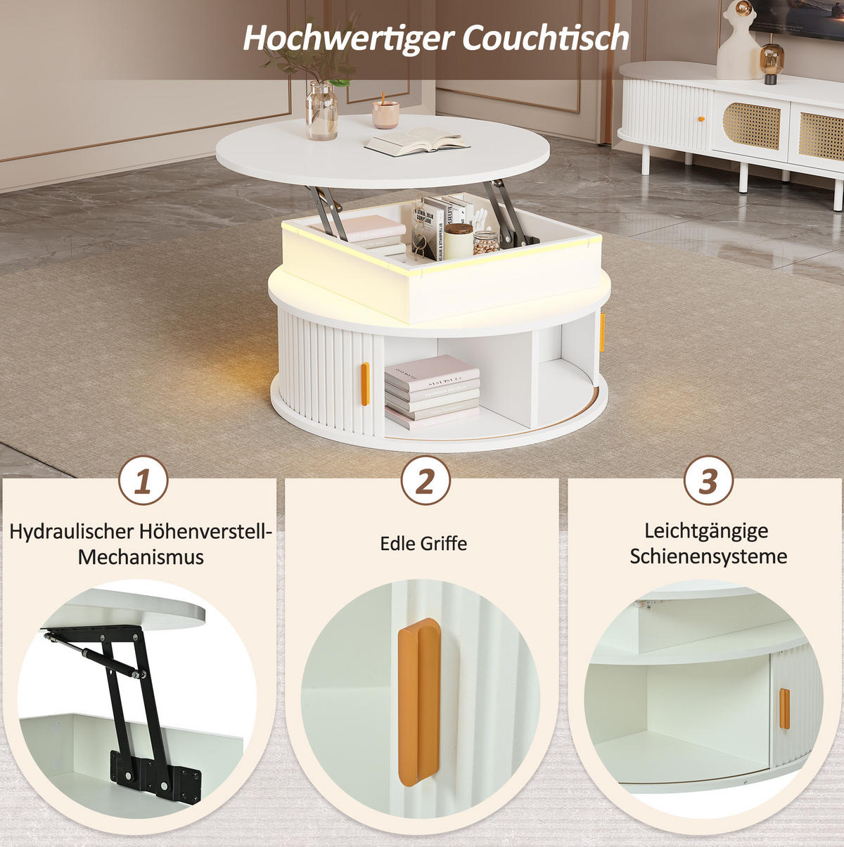 COUCHTISCH 75/75/52 cm aus MDF, höhenverstellbar mit LED-Beleuchtung, Rollladentüren und Stauraum, Weiß - Weiß, Holzwerkstoff (75/75/52cm) - Modfu