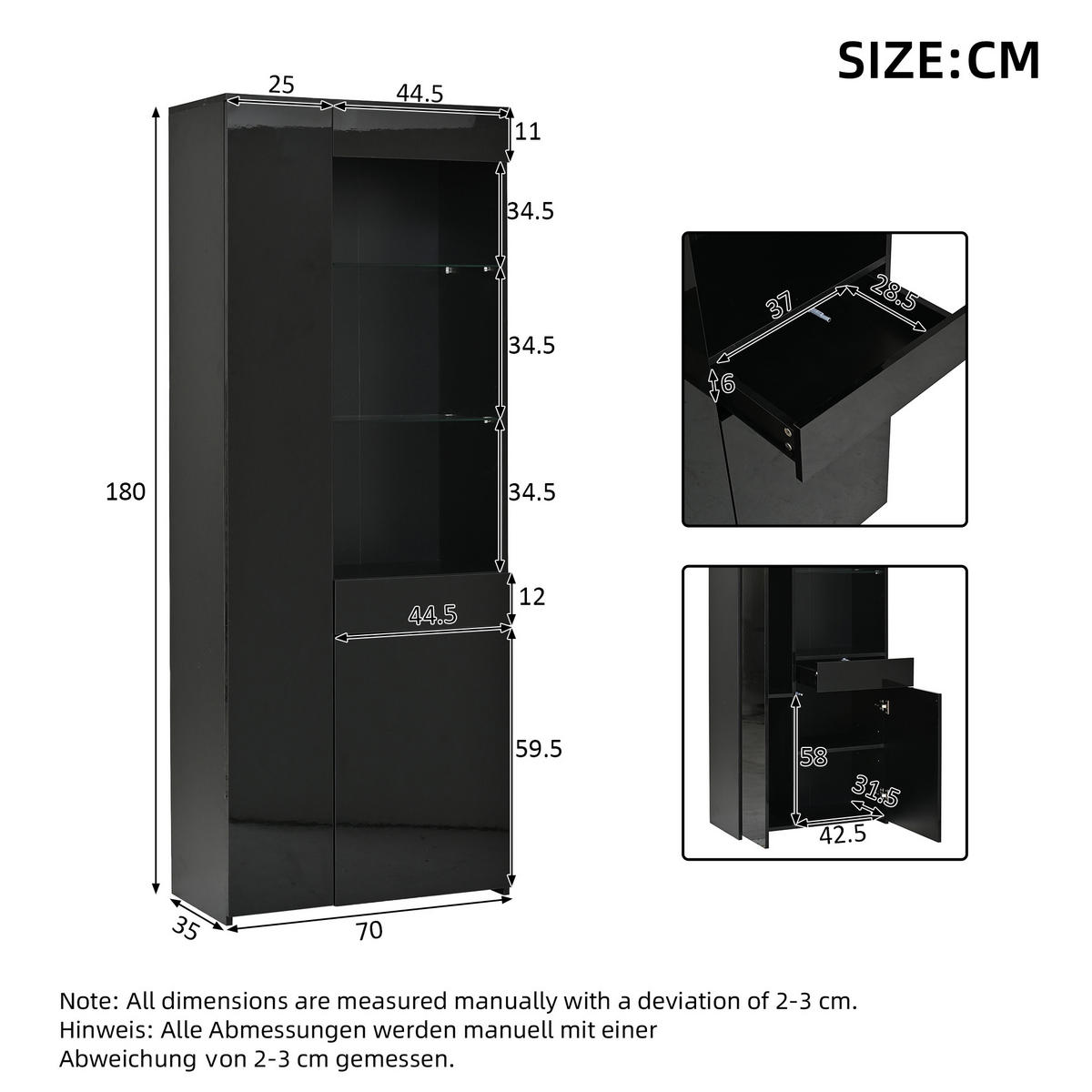 VITRINE 70x35x180 cm Schwarz mit LED und Schubladen - Schwarz, Holzwerkstoff (70/180/35cm) - FLIEKS