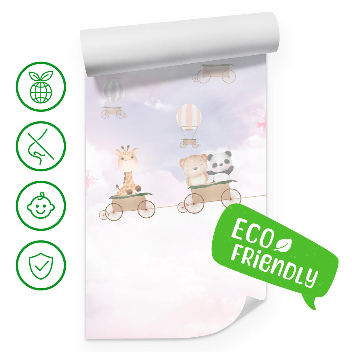 FOTOTAPETE für Kinderzimmer Tiere Wolken Luftballons 450x315 - Beige/Violett, Papier (450/315cm) - Muralo