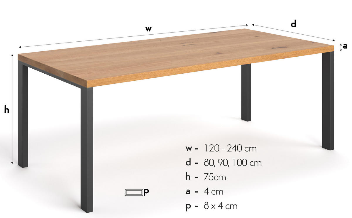 ESSTISCH Ramme aus massivem Eichenholz 240x80 cm - Eichefarben/Schwarz, Holz/Metall (240/80/75cm) - Danzz