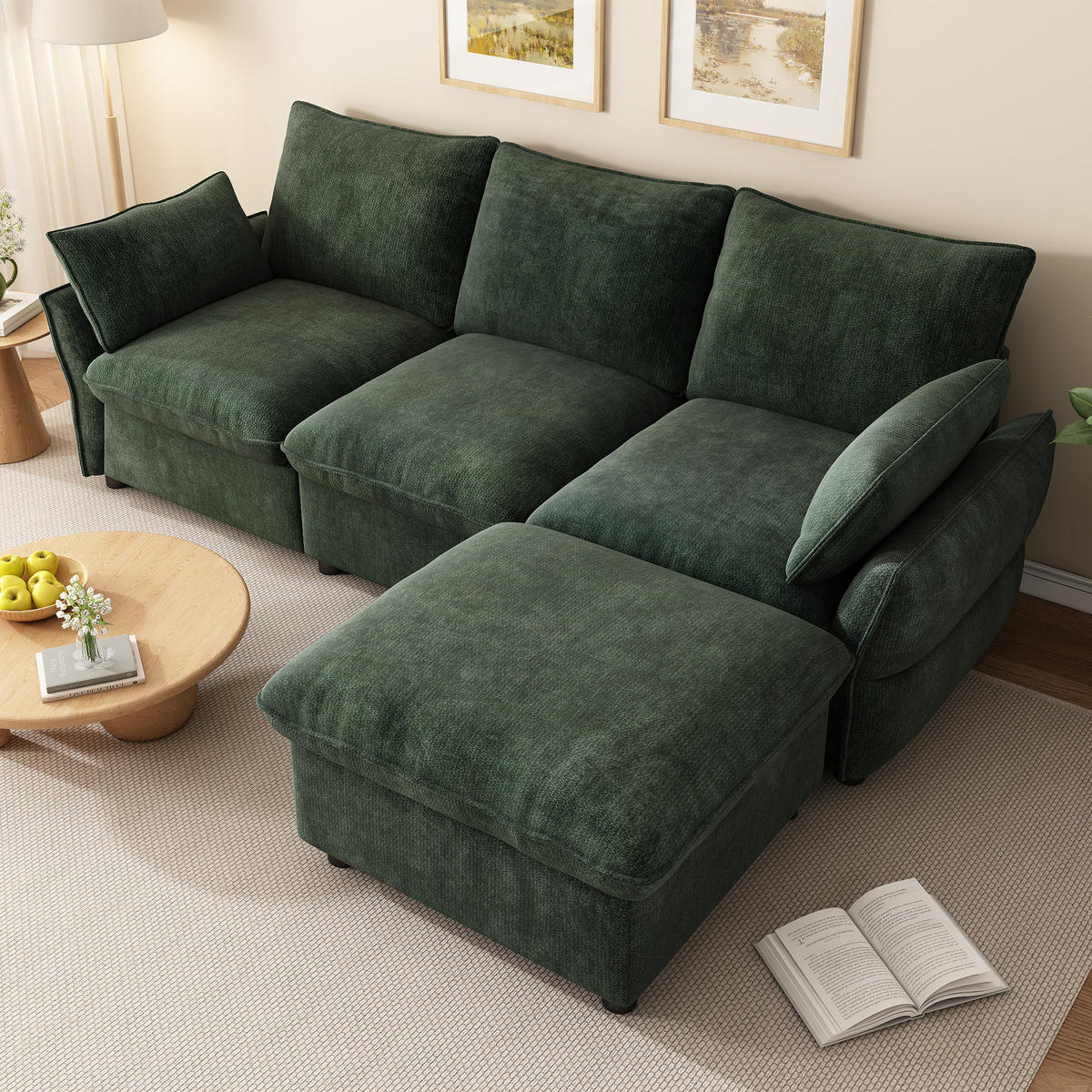 ECKSOFA 222.5/154.5/76.5 cm Dunkelgrün Chenille mit 1 Fußhocker - Dunkelgrün, Textil/Metall (222.5/154.5cm) - Oxeza