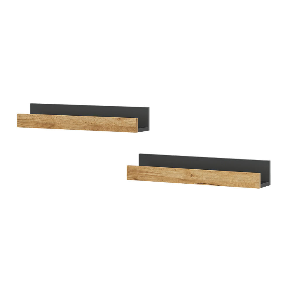 WANDREGAL Tomy Anthrazit/Goldkraft Eiche 60 x 10 cm 2er Set - Anthrazit/Eiche Wotan, Holzwerkstoff (60/10/12cm) - Vicco