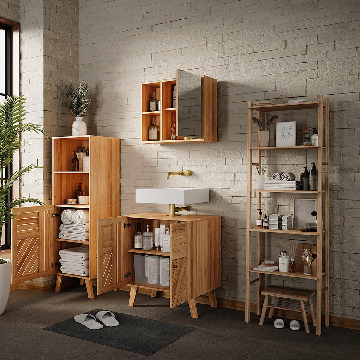 SADA KÚPEĽŇOVÉHO NÁBYTKU Lucie Bambus - zelená, kompozitné drevo (60/65/36cm) - Vicco