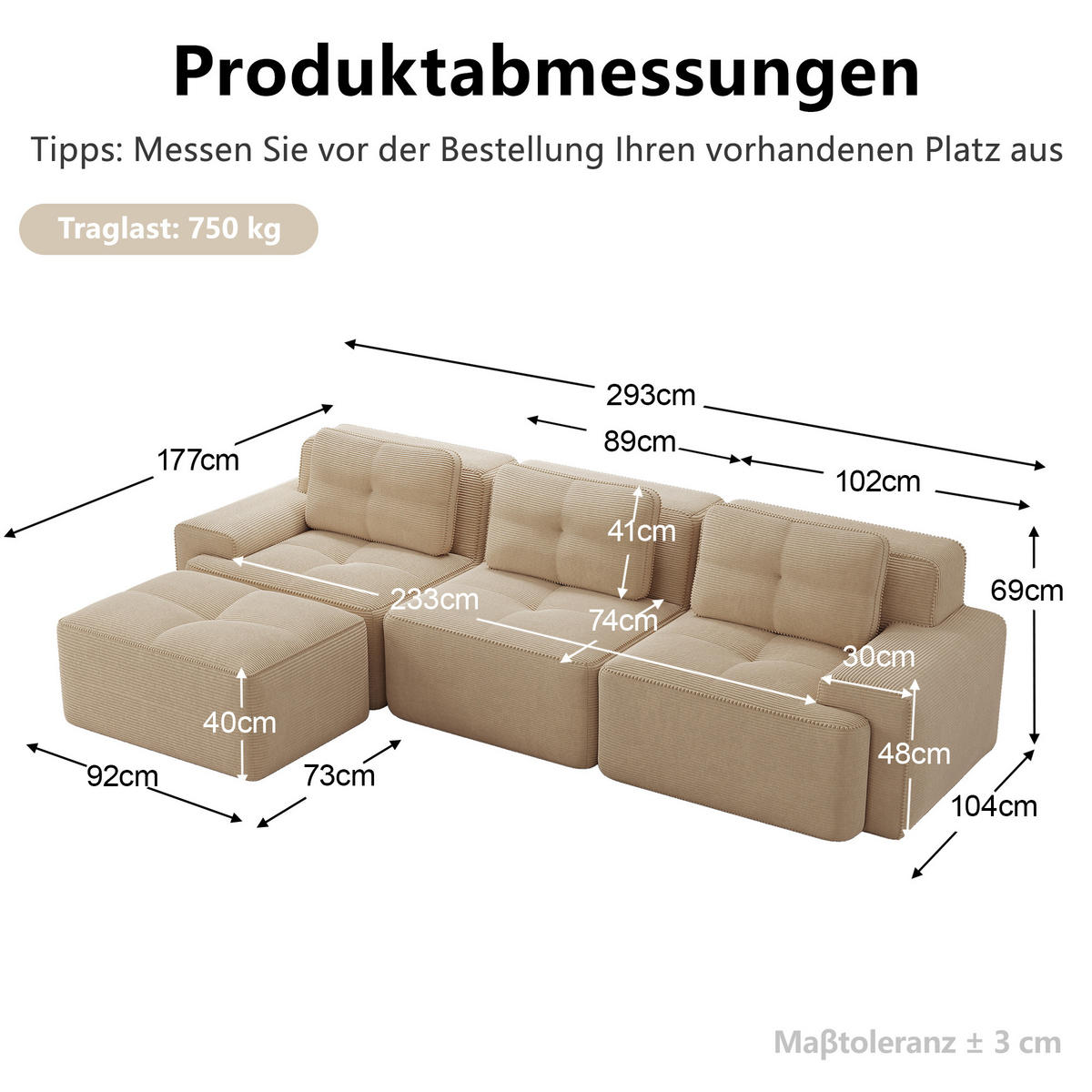 ECKSOFA 293/177/69 cm Beige mit Ottoman - Beige, Textil (293/177cm) - Oxeza