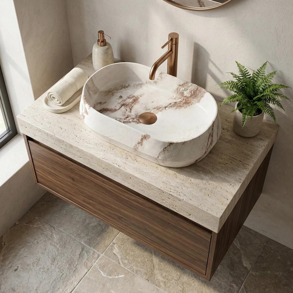AUFSATZWASCHBECKEN Rea Zoe Travo - Beige, Kunststoff (38/17/59cm) - REA