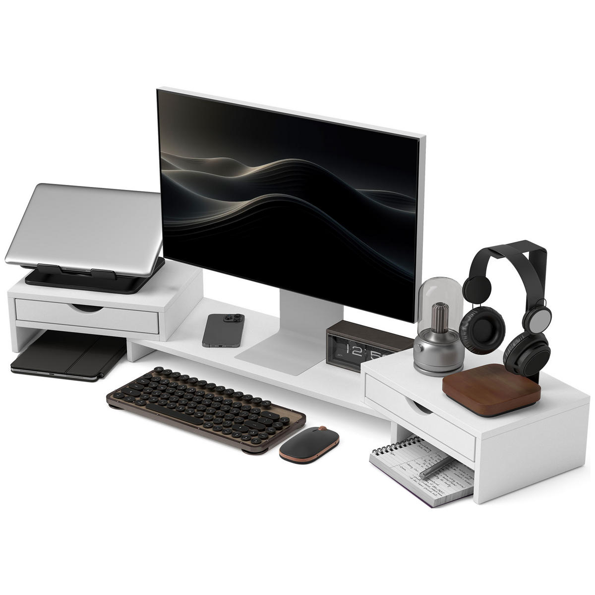 MONITORSTÄNDER DE-16700 ausziehbar 60-116 cm, 2 Schubladen, neigbar - Weiß, Holzwerkstoff (60/22/12cm) - ComfortXL