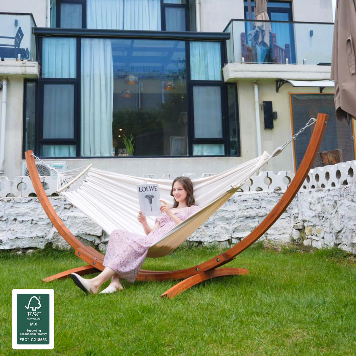 HÄNGEMATTE mit Gestell, 320x120x120 cm - Beige, Holz (120/120/320cm) - HOMAVO