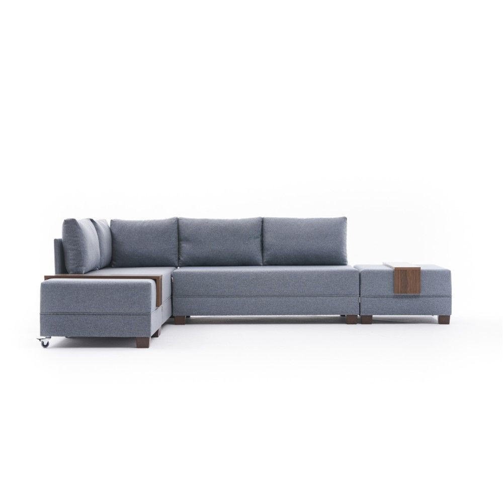 ECKSOFA mit rollbarer Schlaffunktion - Blau/Walnussfarben, Holz/Textil (280/210cm) - myHomelando