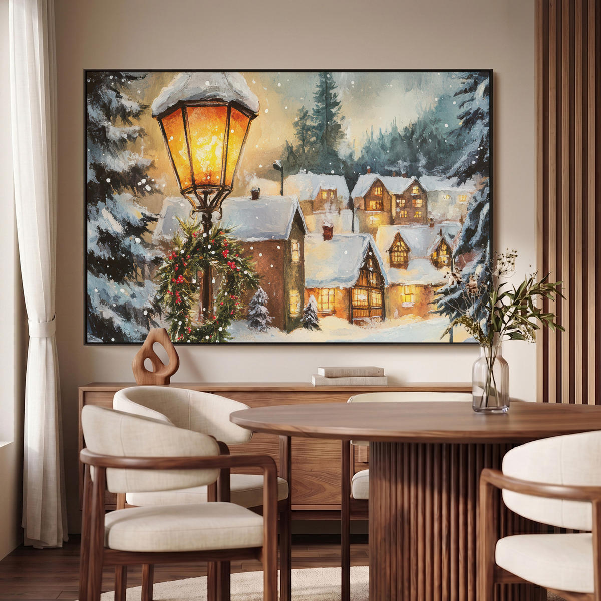 LEINWAND Bilder mit Rahmen - Weihnachtsdorf - Häuser - Schnee - Weihnachten - 150x100 - Sandfarben, Textil (150/100cm) - MuchoWow