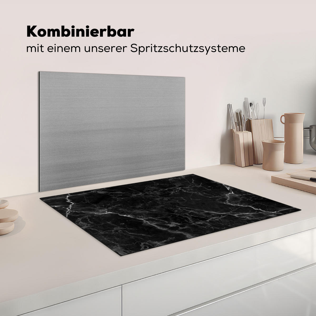 HERDABDECKPLATTE Marmor - Schwarz - Weiß - Textur - Marmoroptik Herdabdeckung Induktionsfeld 75x52 cm - Silberfarben, Kunststoff (75/52/0.2cm) - MuchoWow